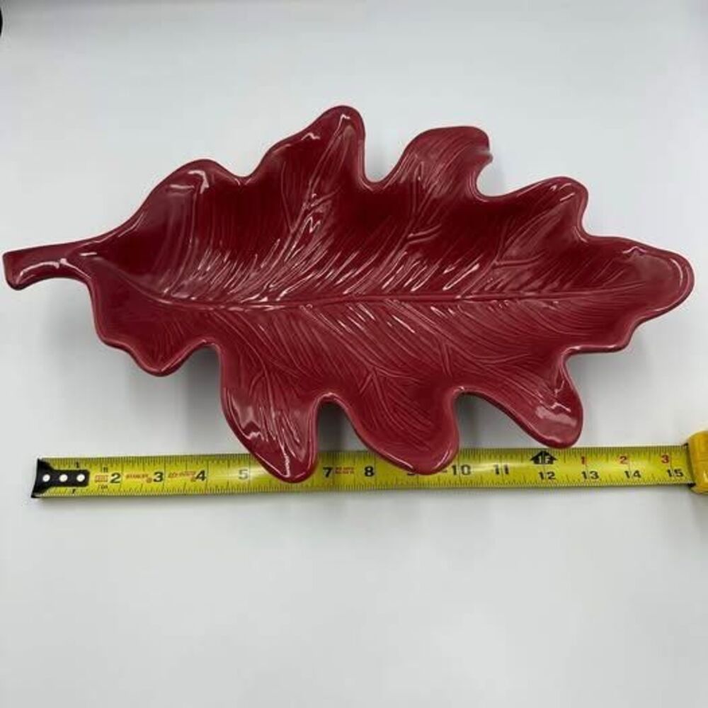 Harvest Dark Red Leaf Ceramic Serving Dish Bowl Rustic Farmhouse Table Decor - Picture 6 of 7